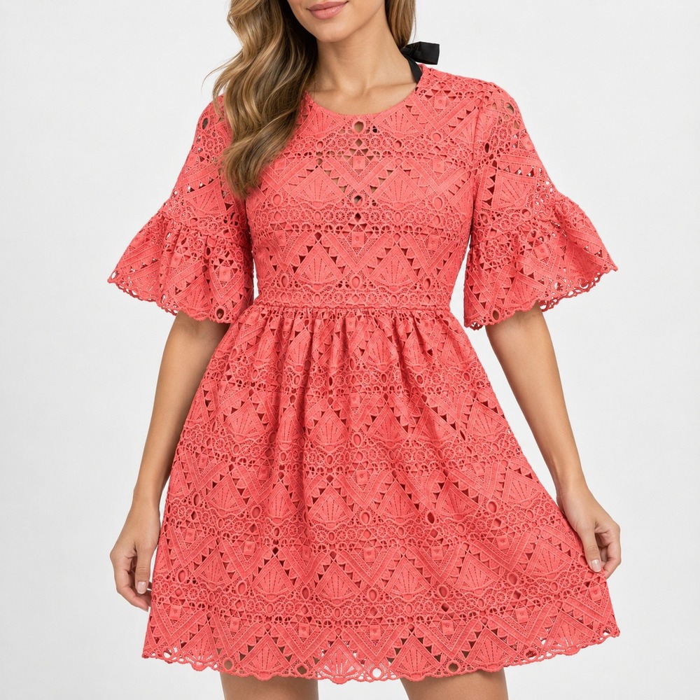 Perseverance London Coral Pink Geometric Lace Mini Dress Short Flutter Sleeve 8